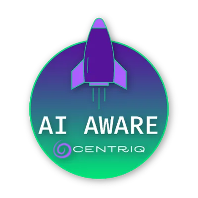 Original Centriq AI Aware training badge, purple rocket with green and blue circular background.